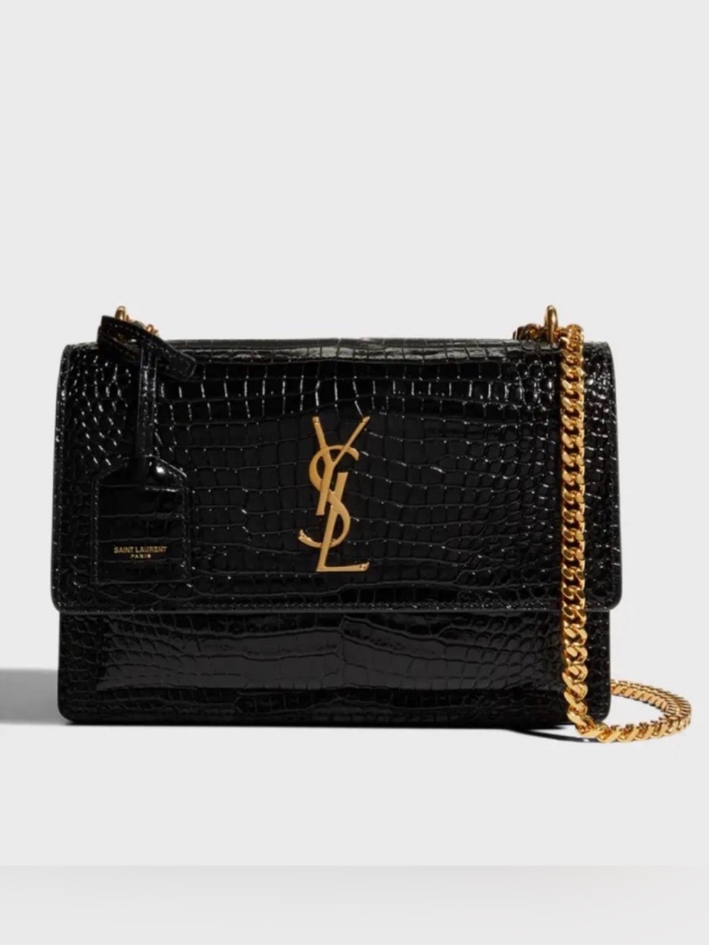 Saint Laurent Black Croc-Embossed YSL Monogram Chain Crossbody